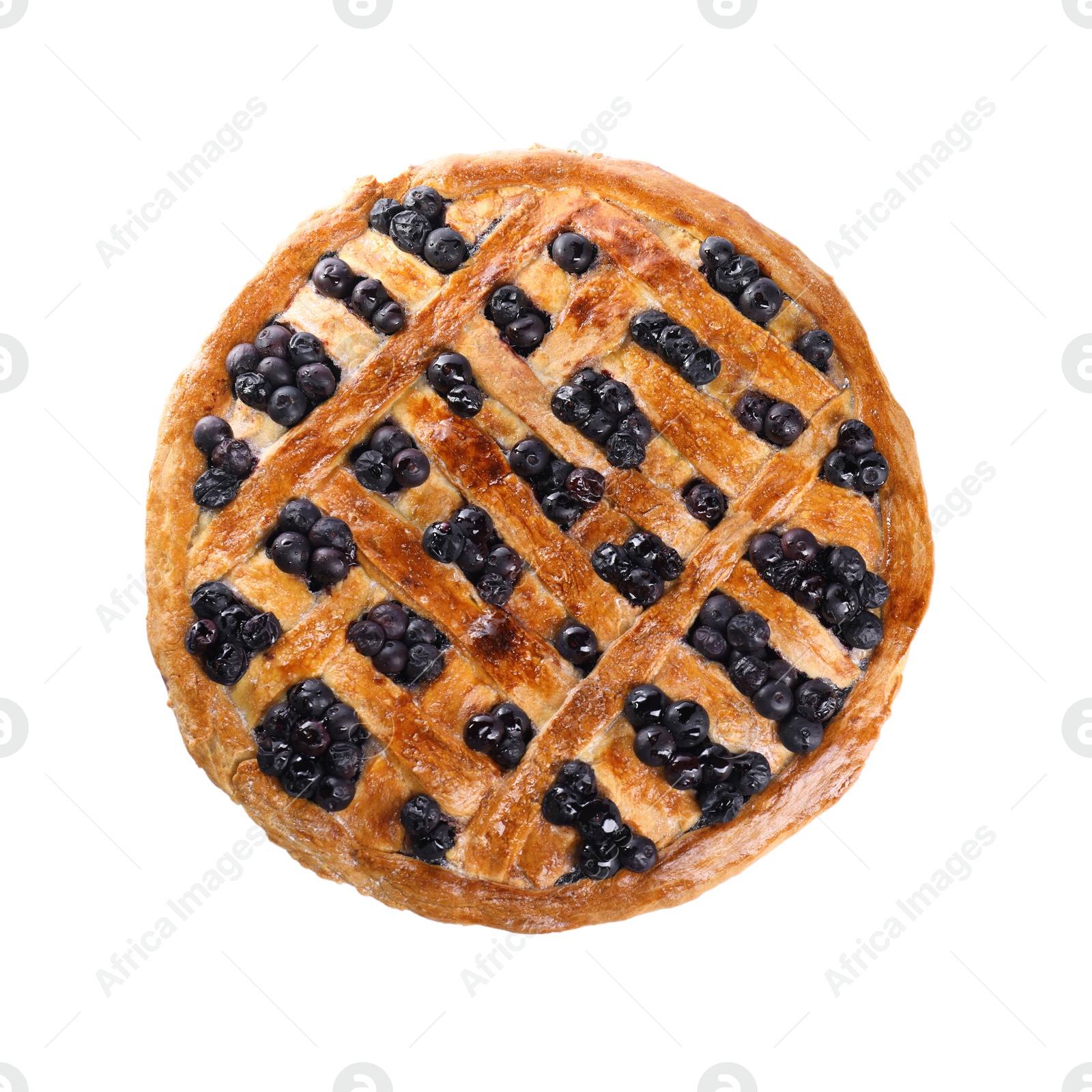 Photo of Tasty homemade pie with blueberries isolated on white, top view