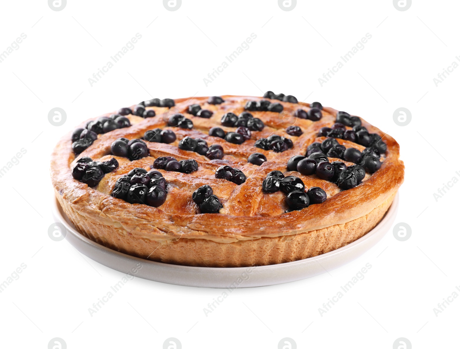 Photo of Tasty homemade pie with blueberries isolated on white