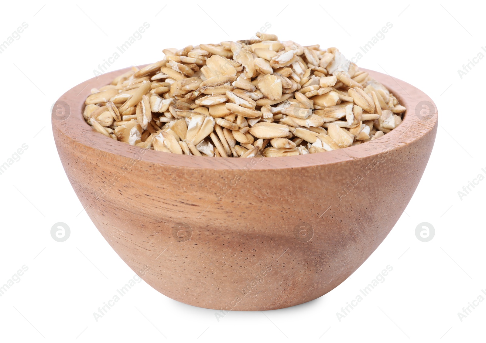 Photo of Dry oat flakes in wooden bowl isolated on white