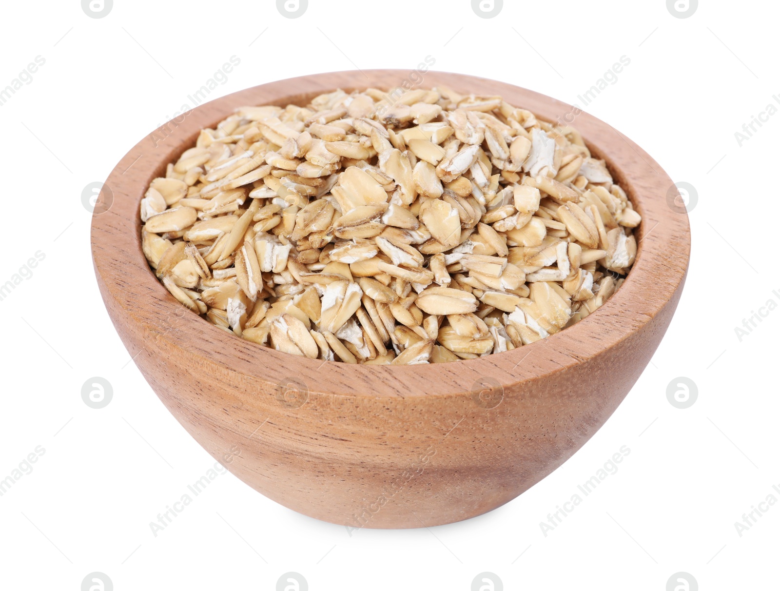 Photo of Dry oat flakes in wooden bowl isolated on white