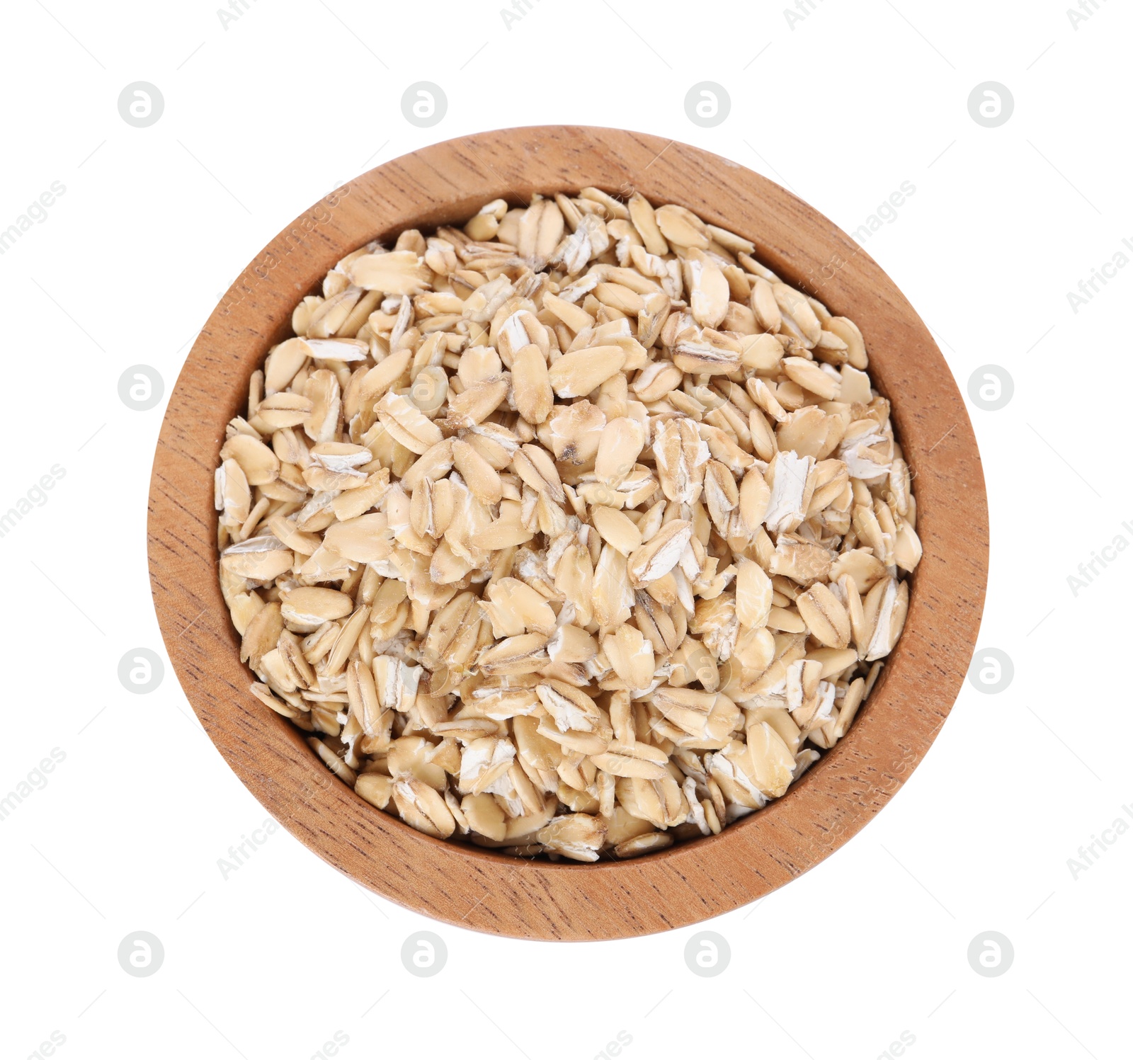 Photo of Dry oat flakes in wooden bowl isolated on white, top view