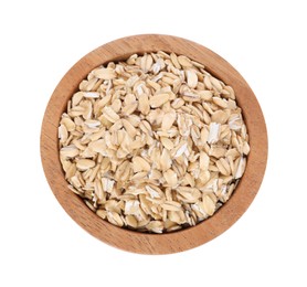 Photo of Dry oat flakes in wooden bowl isolated on white, top view