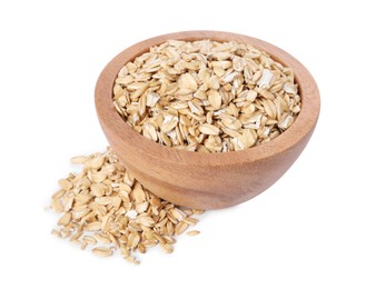 Photo of Dry oat flakes in wooden bowl isolated on white