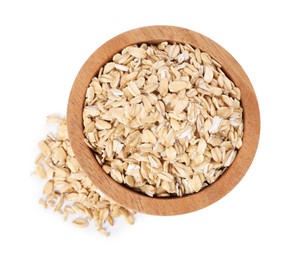 Photo of Dry oat flakes in wooden bowl isolated on white, top view