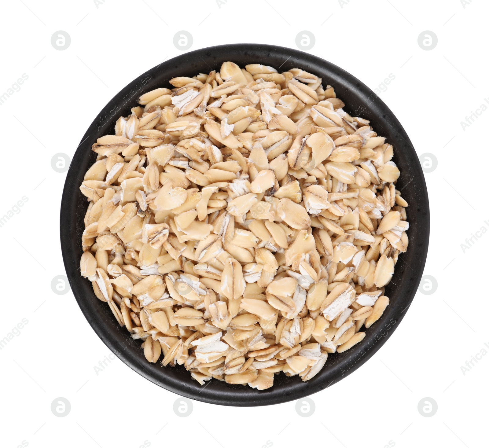 Photo of Dry oat flakes in bowl isolated on white, top view