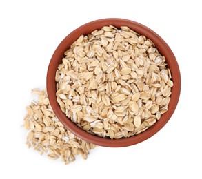 Photo of Dry oat flakes in bowl isolated on white, top view