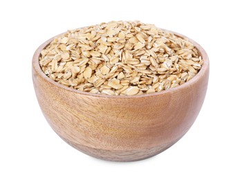 Photo of Dry oat flakes in wooden bowl isolated on white