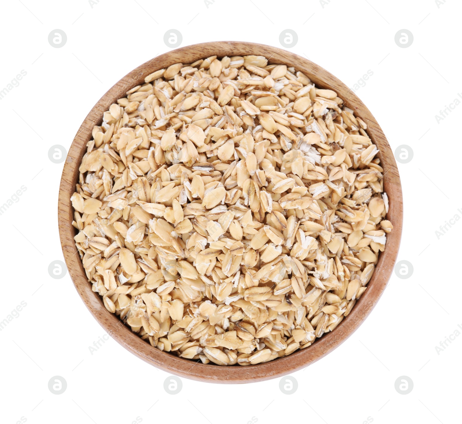 Photo of Dry oat flakes in wooden bowl isolated on white, top view