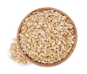 Photo of Dry oat flakes in wooden bowl isolated on white, top view