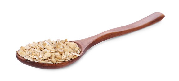 Photo of Dry oat flakes in wooden spoon isolated on white