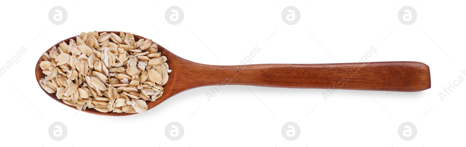 Photo of Dry oat flakes in wooden spoon isolated on white, top view