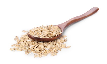 Photo of Dry oat flakes in wooden spoon isolated on white