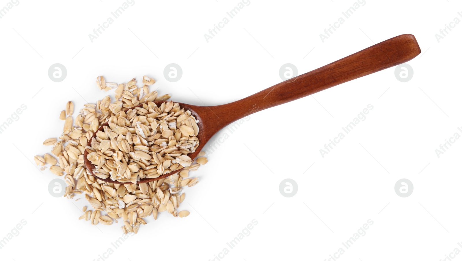 Photo of Dry oat flakes in wooden spoon isolated on white, top view