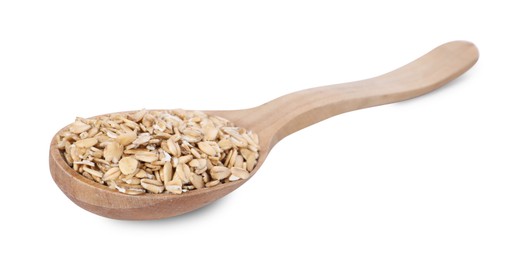 Dry oat flakes in wooden spoon isolated on white