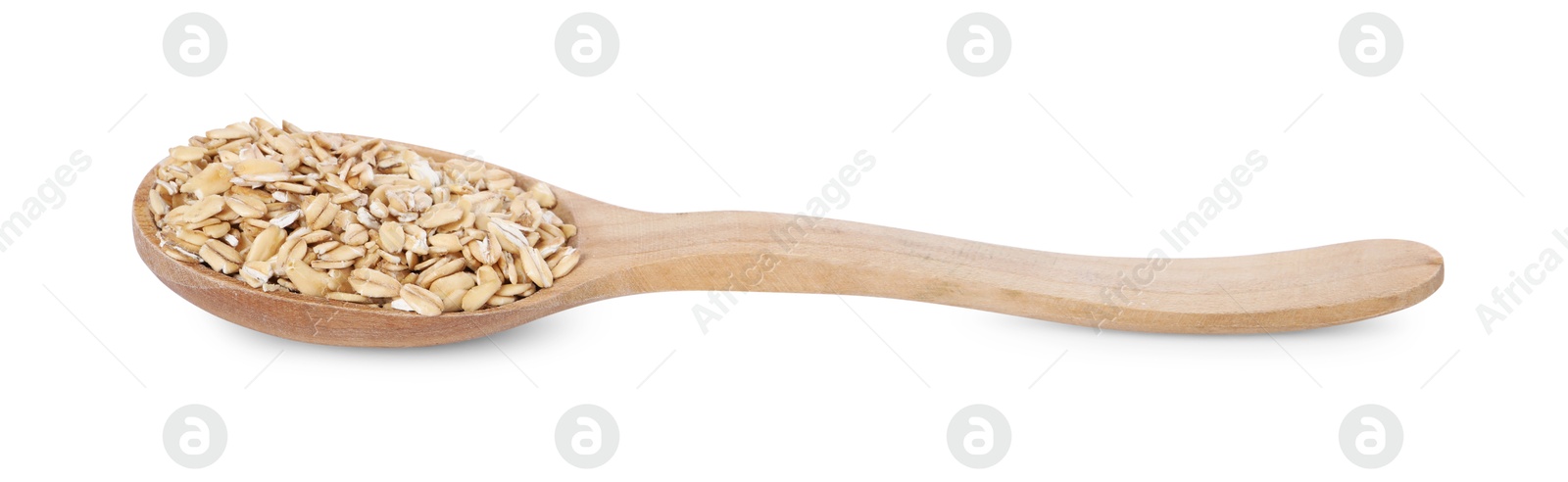 Photo of Dry oat flakes in wooden spoon isolated on white