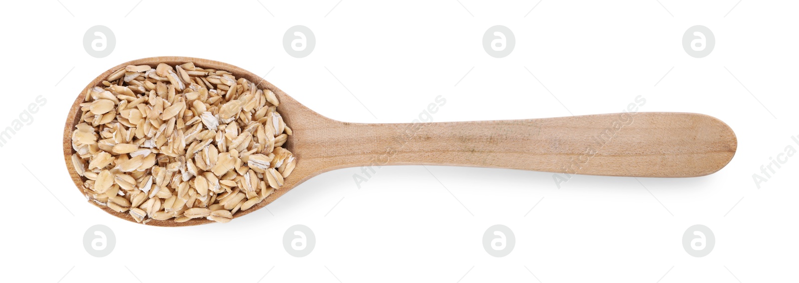 Photo of Dry oat flakes in wooden spoon isolated on white, top view