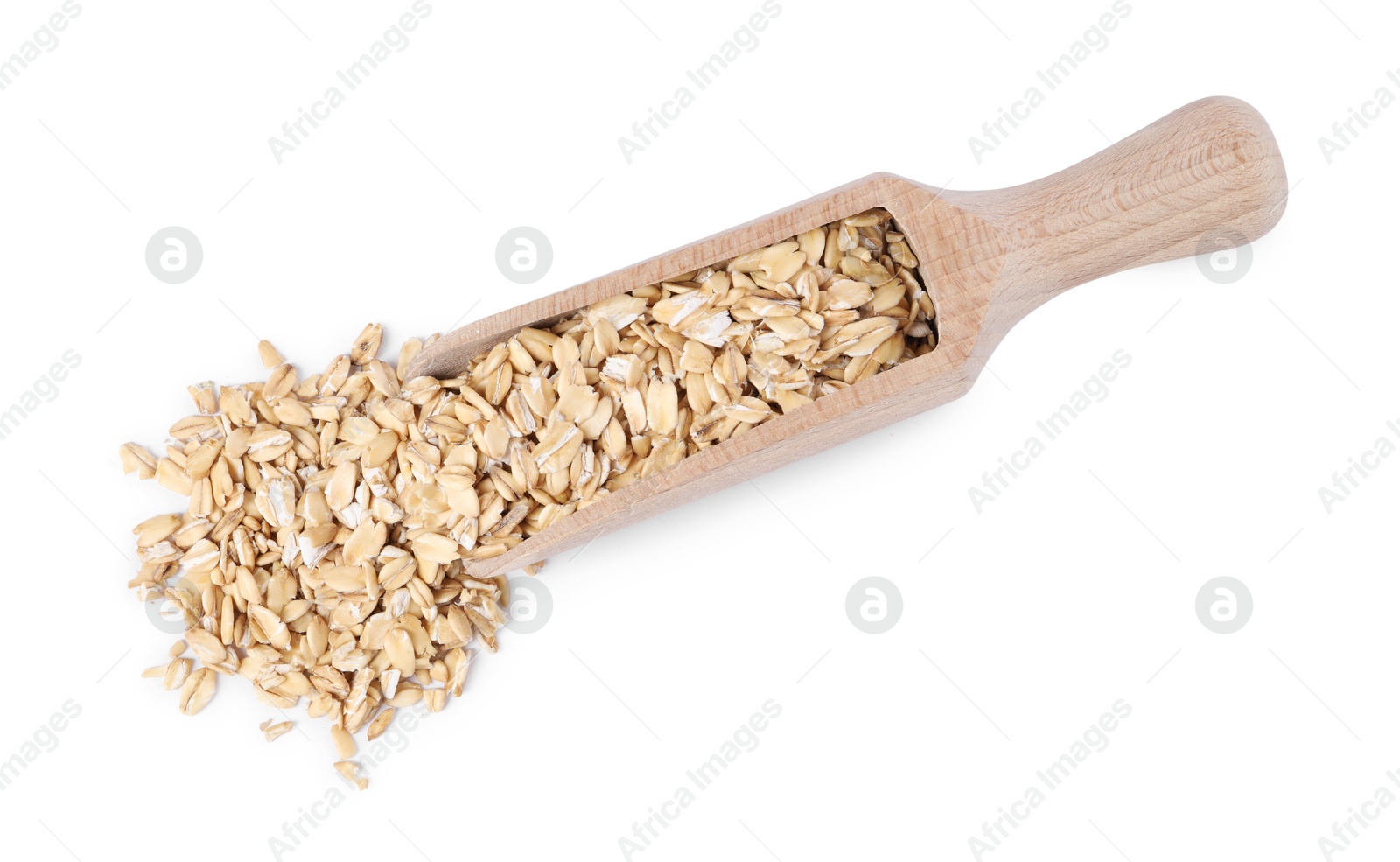 Photo of Dry oat flakes in wooden scoop isolated on white, top view