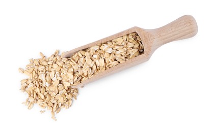 Photo of Dry oat flakes in wooden scoop isolated on white, top view