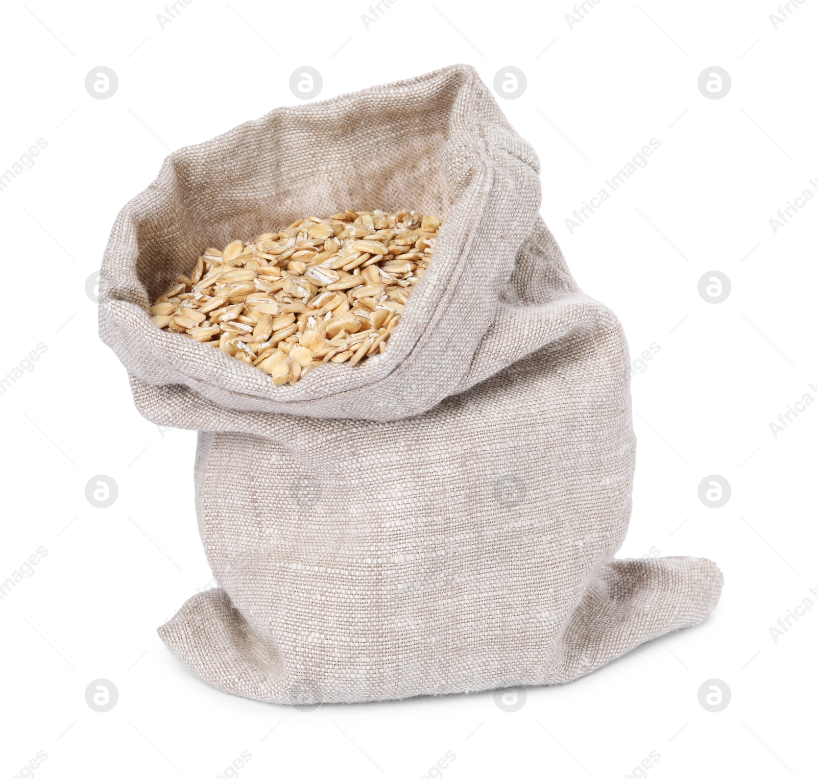 Photo of Dry oat flakes in burlap sack isolated on white