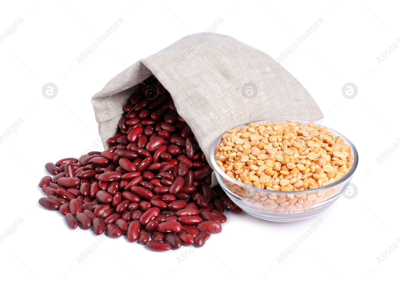 Photo of Red kidney beans and dried peas isolated on white