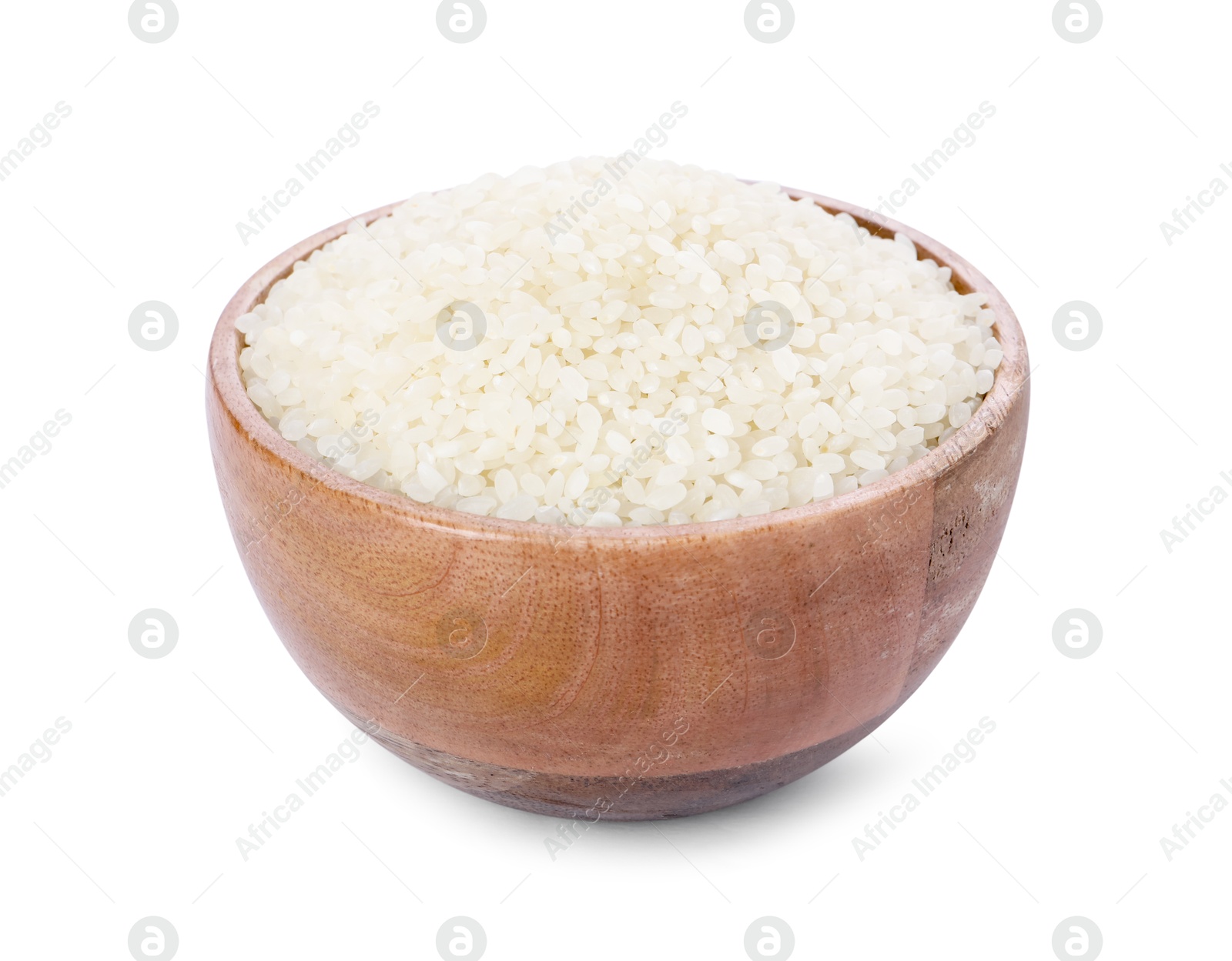 Photo of Raw rice in wooden bowl isolated on white