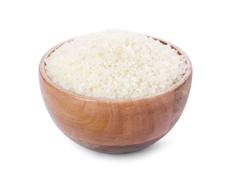 Photo of Raw rice in wooden bowl isolated on white