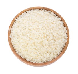 Photo of Raw rice in wooden bowl isolated on white, top view