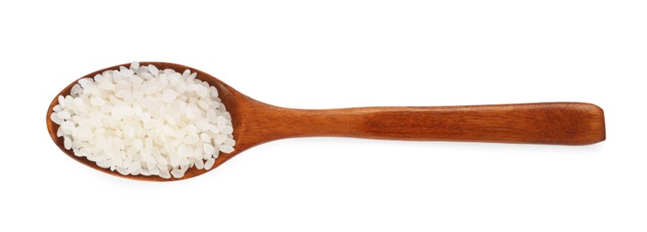 Raw rice in wooden spoon isolated on white, top view