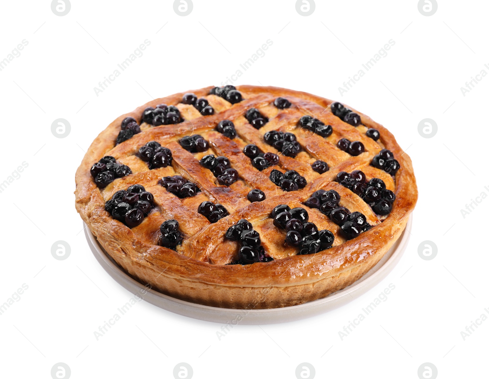 Photo of Tasty homemade pie with blueberries isolated on white