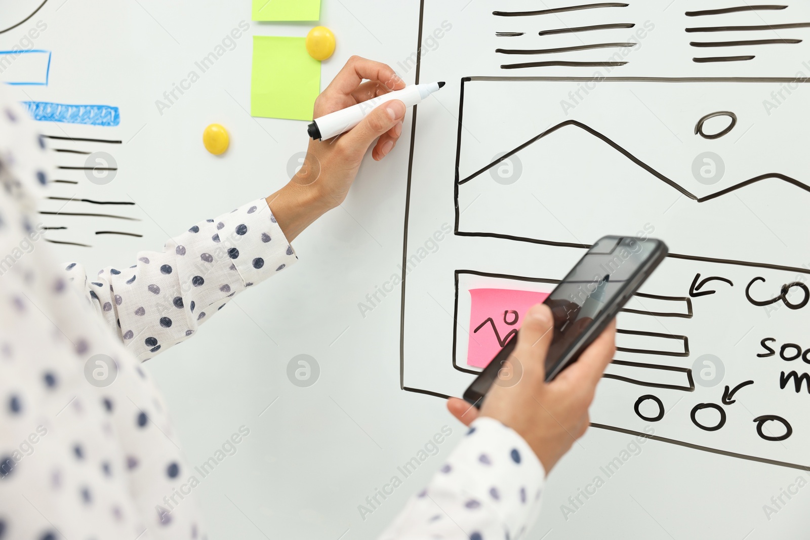 Photo of Developing UI design. Woman drawing website wireframe on whiteboard indoors, closeup