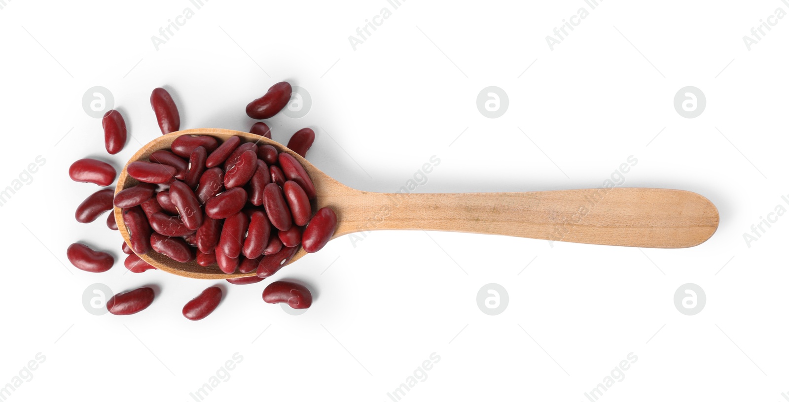 Photo of Dried red beans in spoon isolated on white, top view