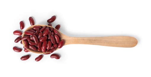 Photo of Dried red beans in spoon isolated on white, top view