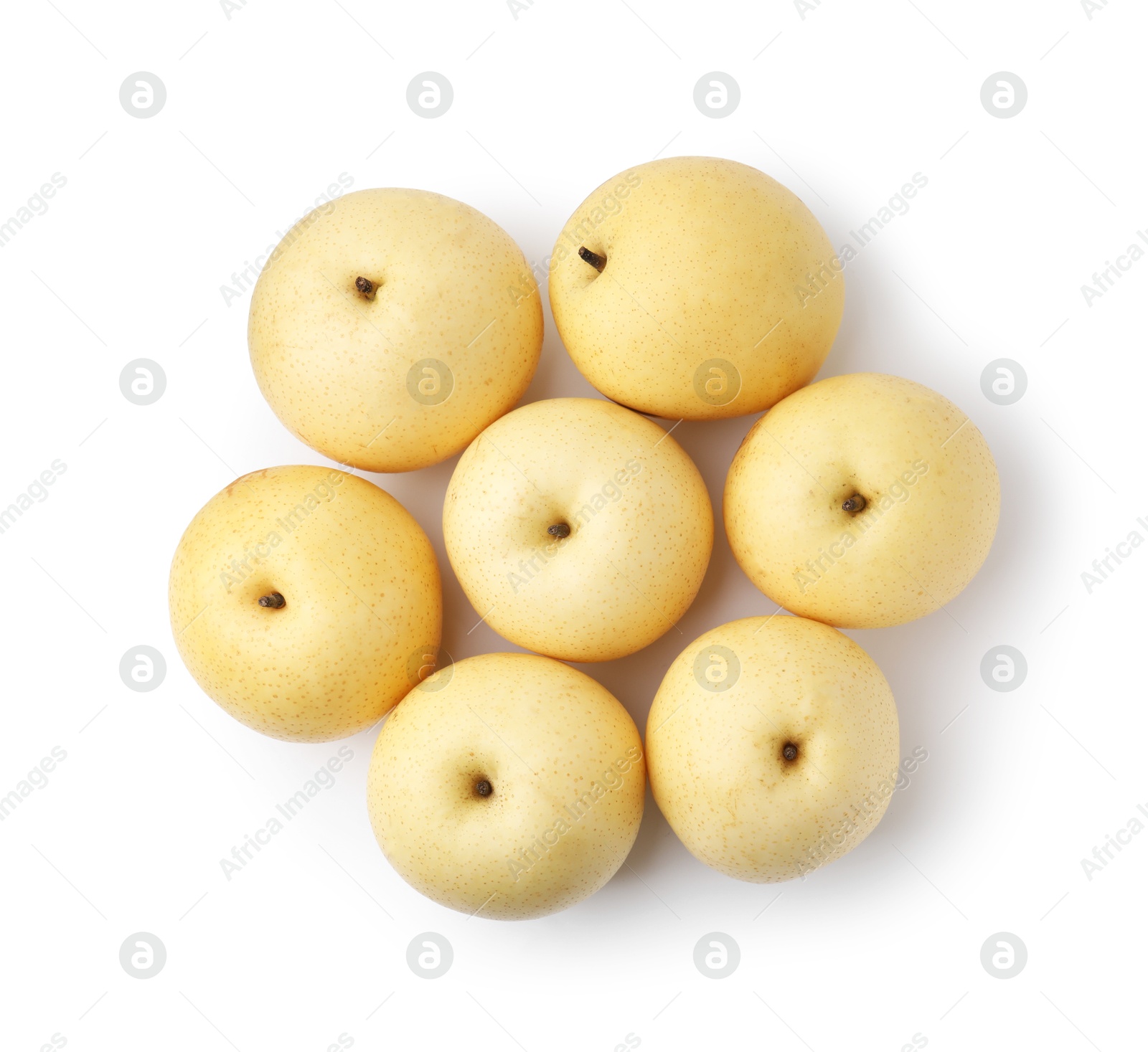 Photo of Delicious fresh apple pears isolated on white, top view