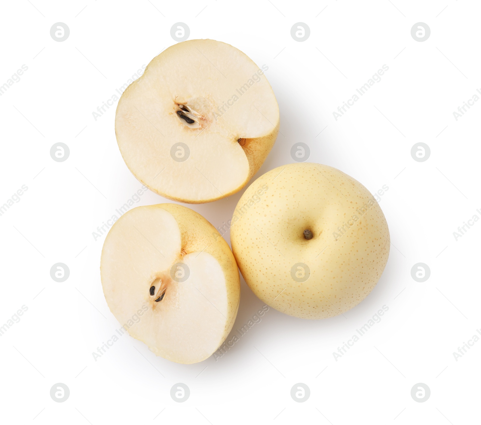 Photo of Whole and cut fresh apple pears isolated on white, top view