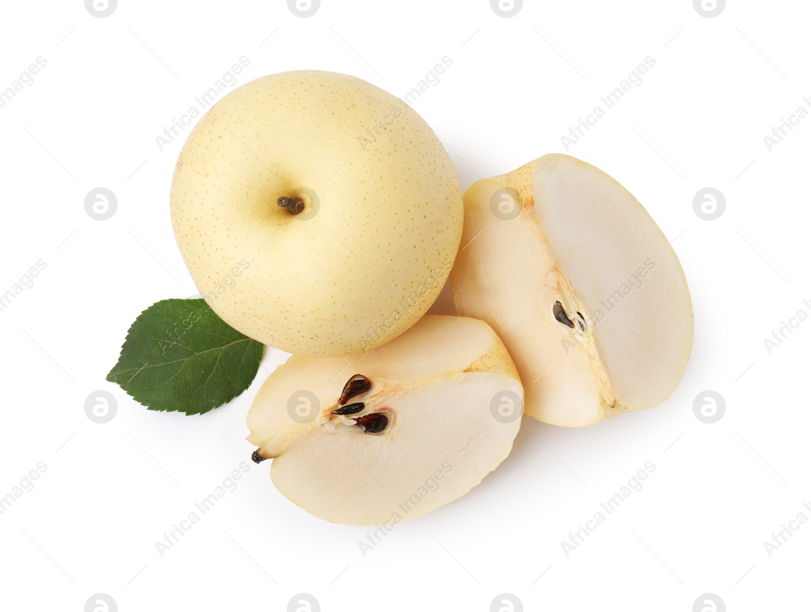 Photo of fresh apple pears and green leaf isolated on white, top view