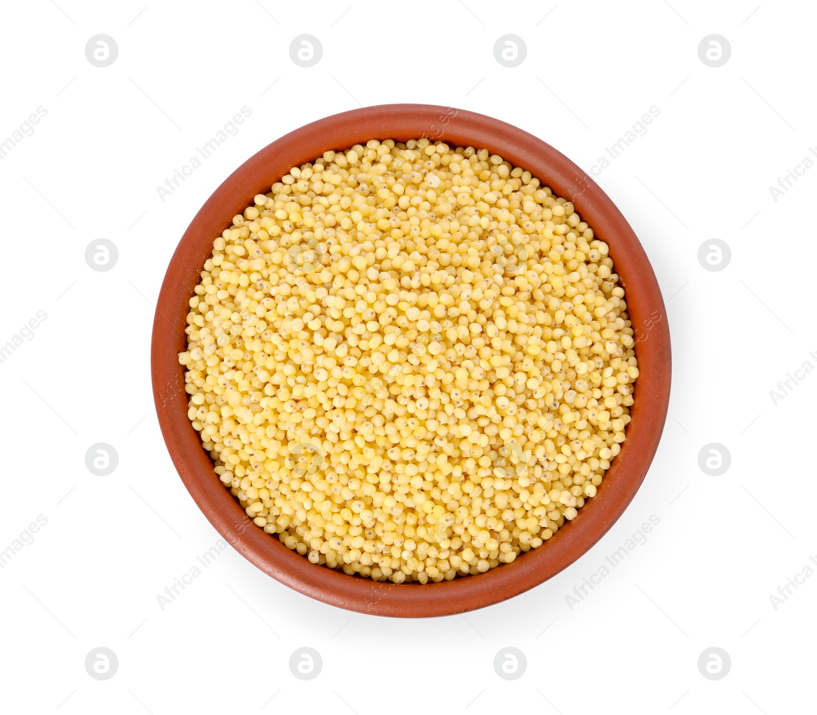 Photo of Millet groats in bowl isolated on white, top view