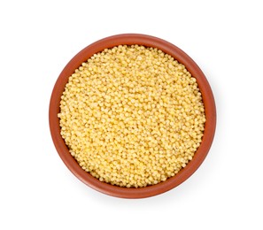 Photo of Millet groats in bowl isolated on white, top view