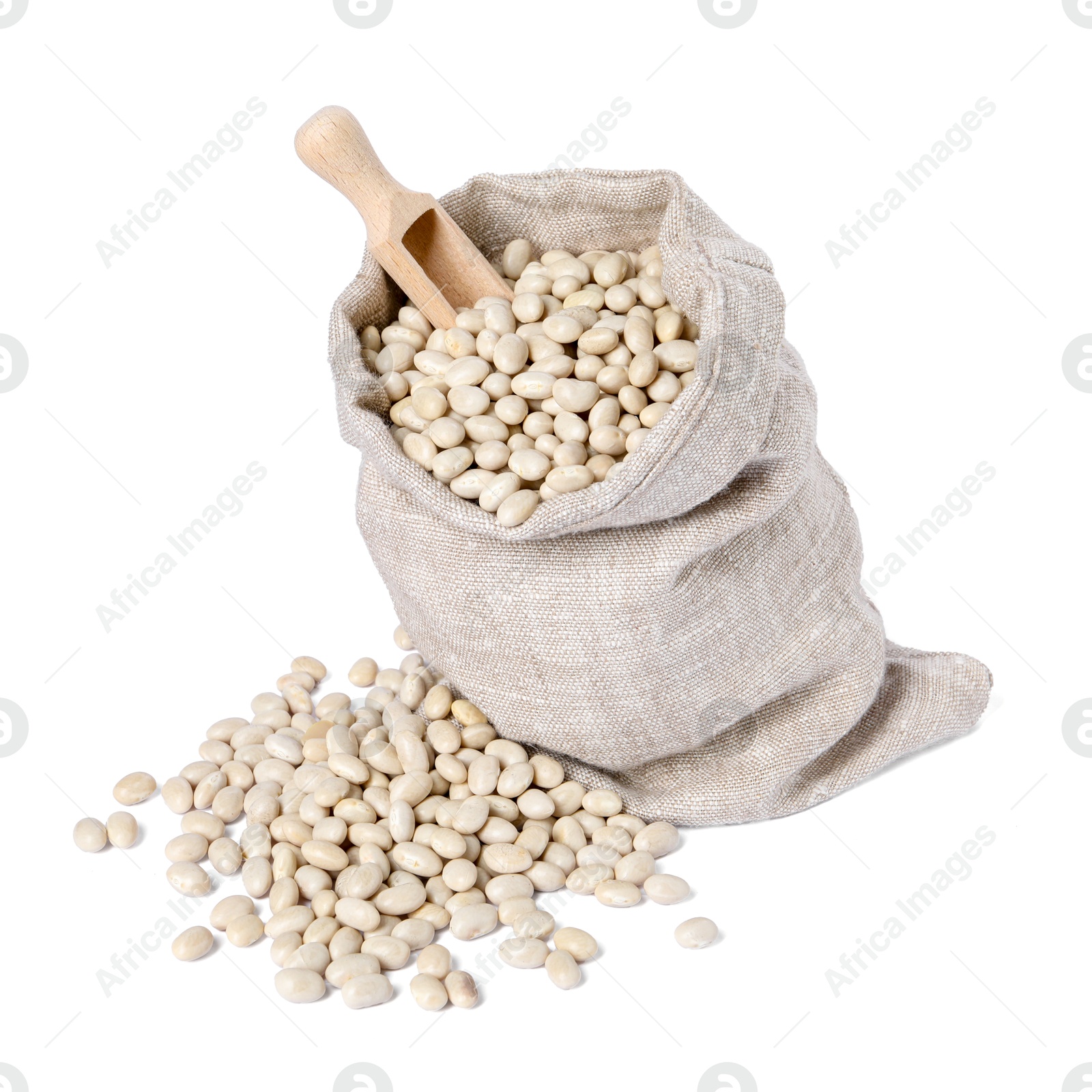 Photo of Dried beans in burlap with scoop isolated on white