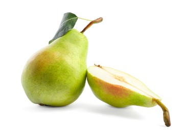 Photo of Fresh ripe pears with green leaf isolated on white