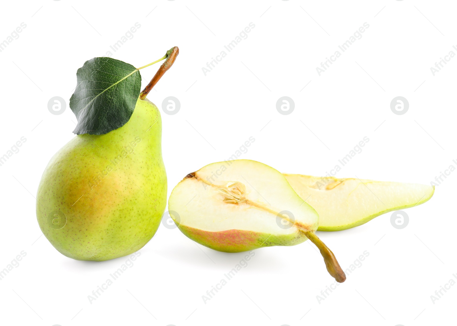 Photo of Fresh ripe pears with green leaf isolated on white