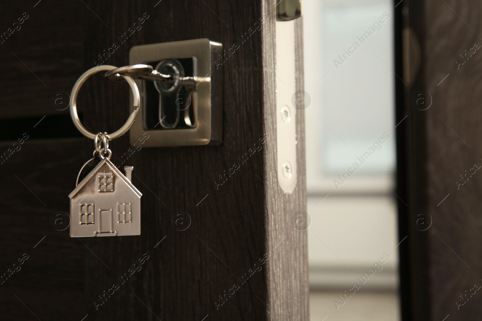 Photo of Open door with key and house shaped keychain, closeup