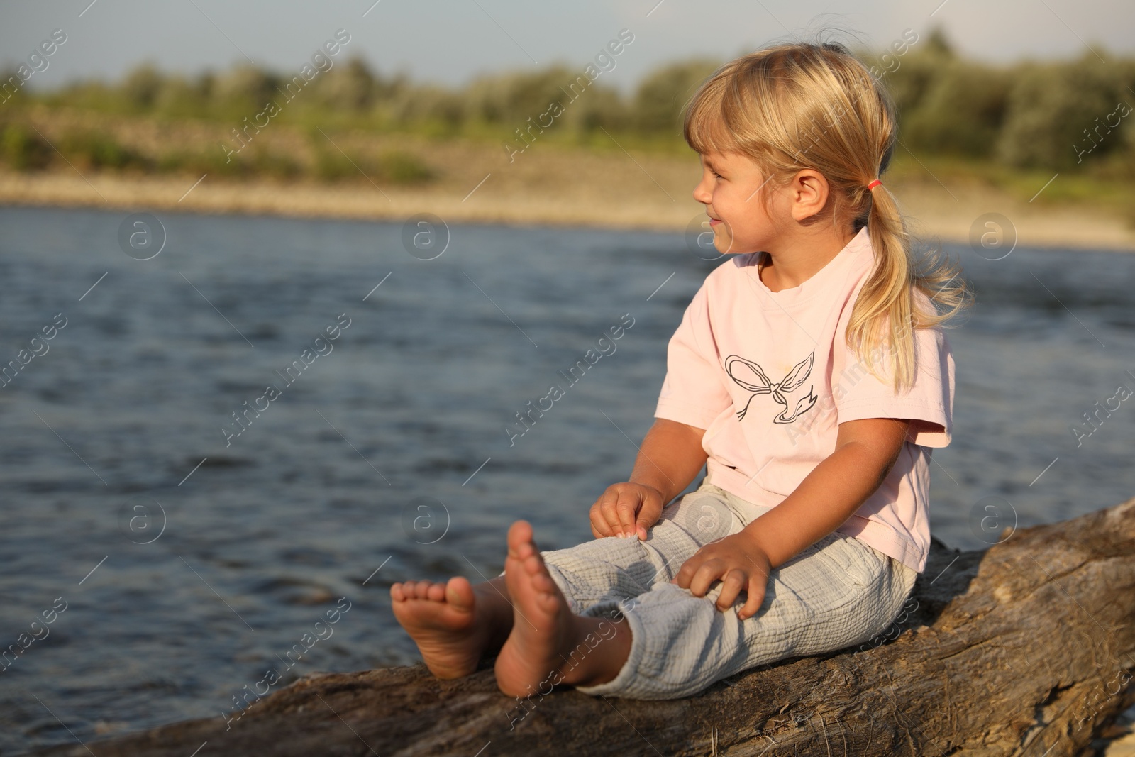 Photo of Cute little girl sitting on tree trunk near river, space for text. Child enjoying beautiful nature