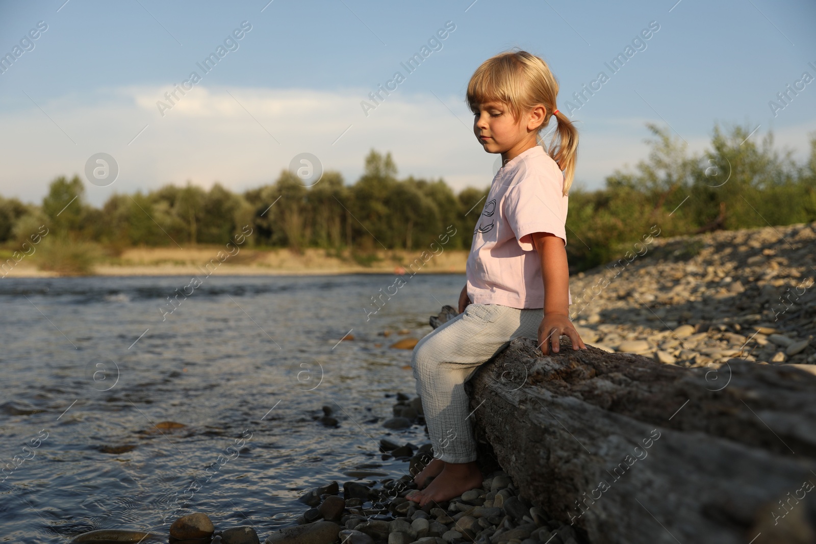 Photo of Cute little girl sitting on tree trunk near river. Child enjoying beautiful nature