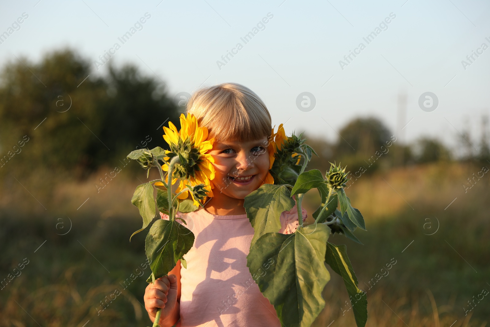 Photo of Little girl with sunflowers at meadow. Child enjoying beautiful nature