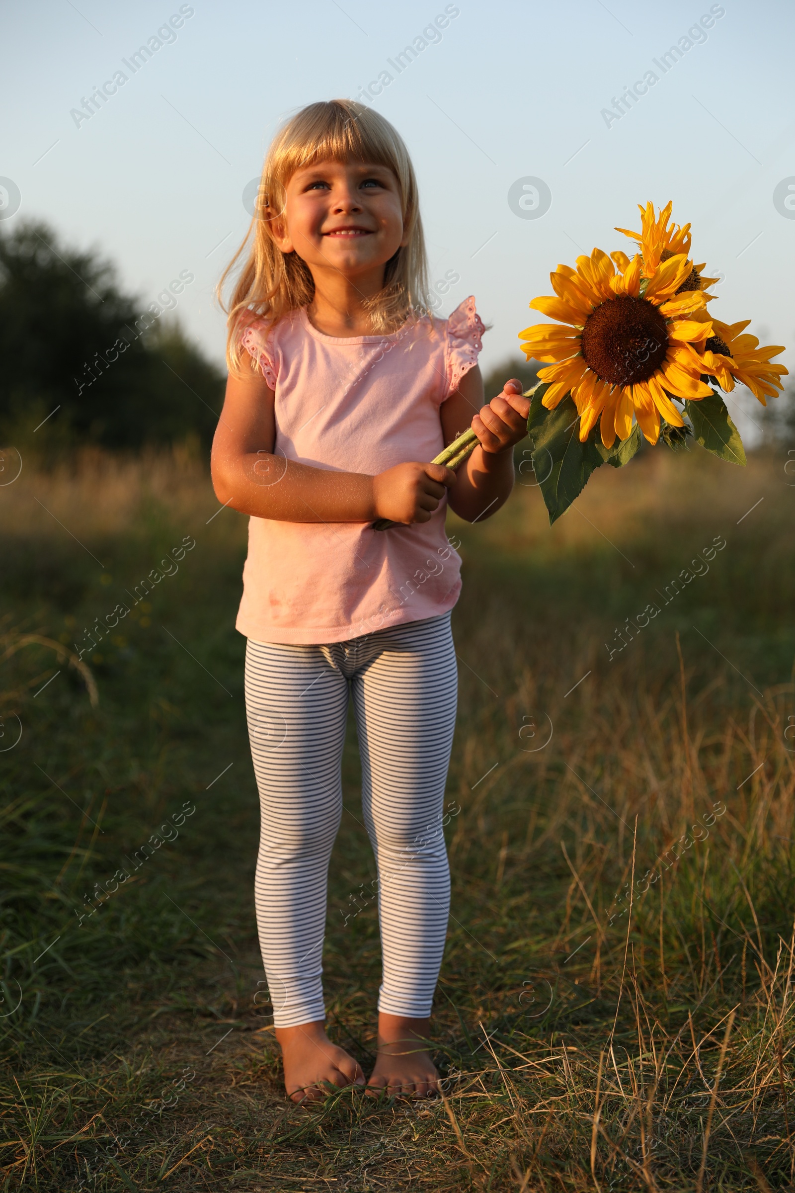 Photo of Little girl with sunflowers at meadow. Child enjoying beautiful nature