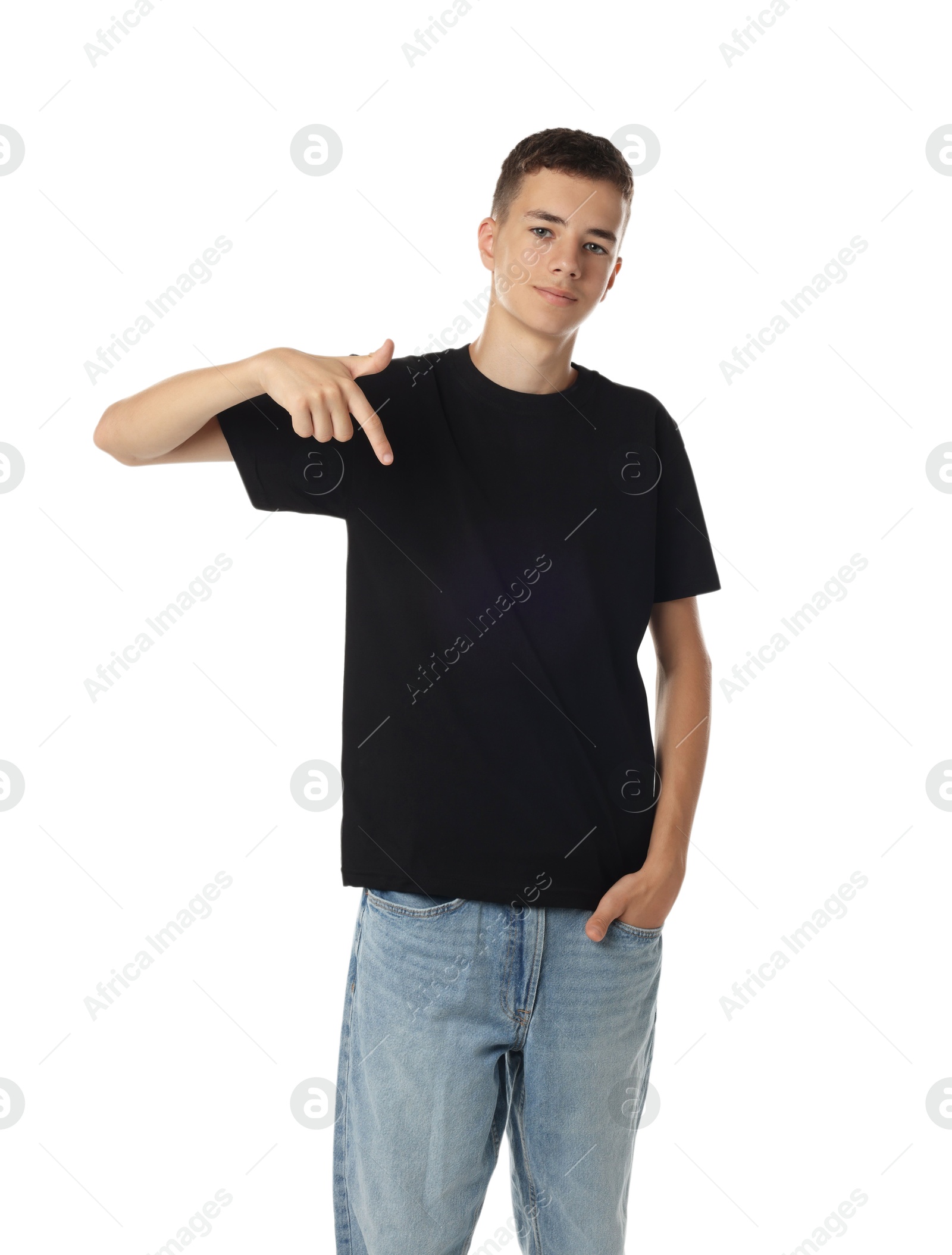 Photo of Teenage boy wearing black t-shirt on white background