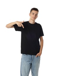 Teenage boy wearing black t-shirt on white background