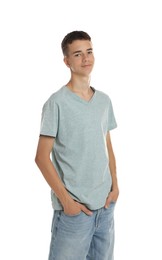 Photo of Teenage boy wearing light grey t-shirt on white background