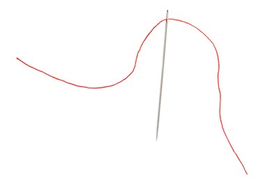 Photo of Sewing needle with red thread isolated on white