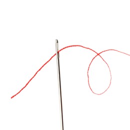 Sewing needle with red thread isolated on white